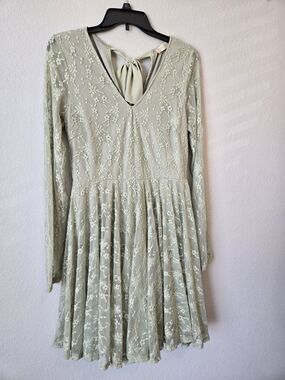 Altar'd State Green Floral Lace Fit & Flare Dress, V-Neck, Long Sleeve, L
